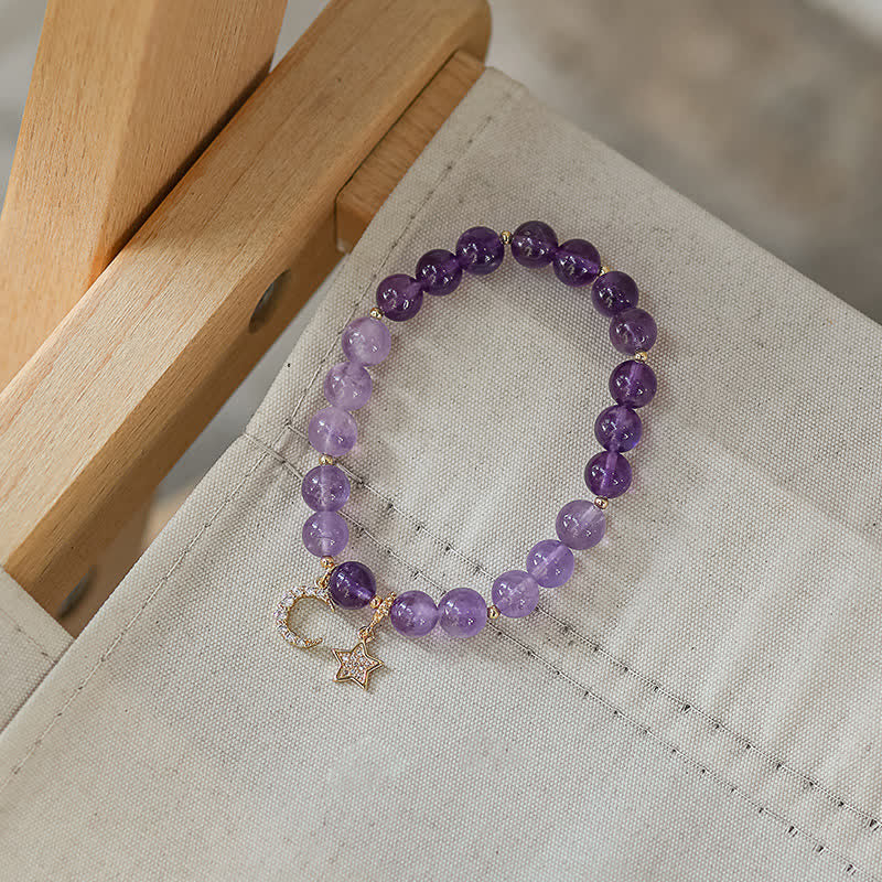 Wear FengShui Amethyst Crystal Moon Star Healing Bracelet
