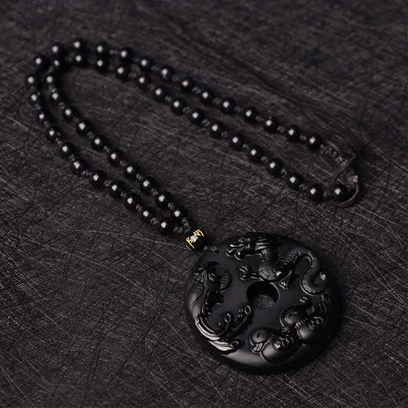 Wear FengShui Black Obsidian Dragon Phoenix Mandarin Duck Luck Protection Necklace Pendant