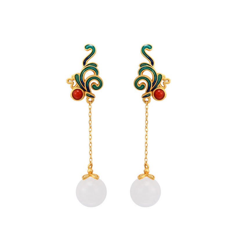 Wear FengShui Vintage White Jade Red Agate Bead Blessing Drop Dangle Earrings