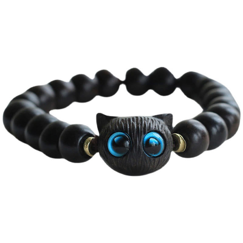 Wear FengShui Ebony Wood Green Sandalwood Cute Cat Peace Bracelet