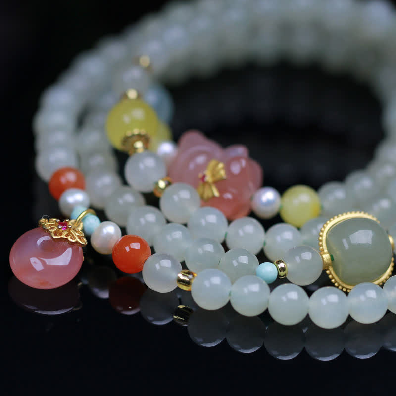 Wear FengShui Natural Hetian Jade Pink Crystal Peace Buckle Happiness Abundance Bracelet