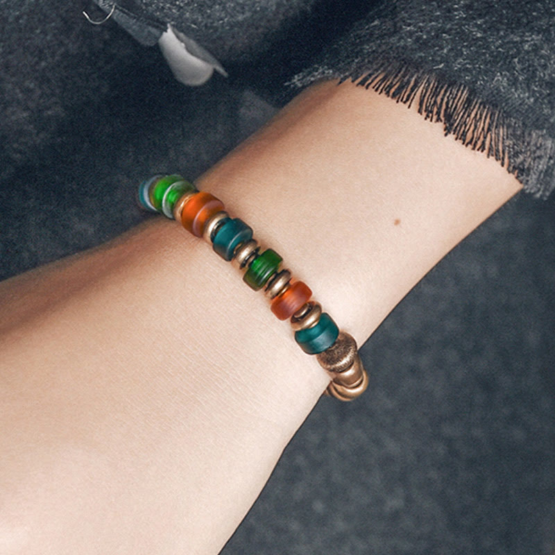 Wear FengShui Tibetan Colorful Glass Beads Copper Wealth Bracelet