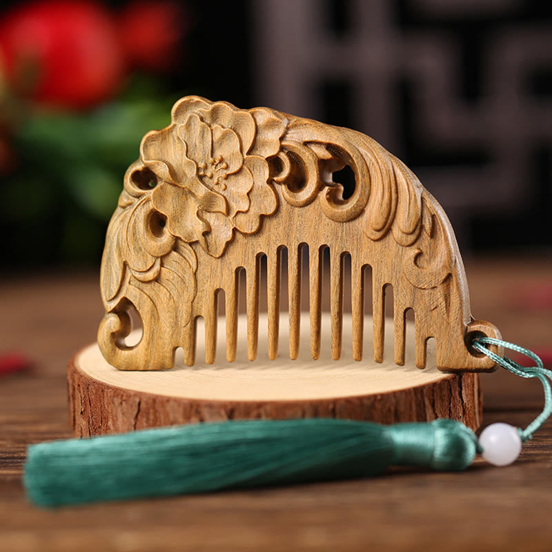 Wear FengShui Green Sandalwood Fox Peony Flower Lotus Engraved Cure Tassel Comb