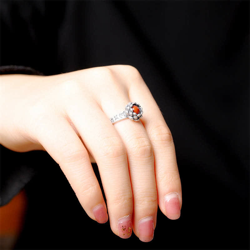 Wear FengShui925 Sterling Silver Lotus Red Agate Confidence Blessing Ring