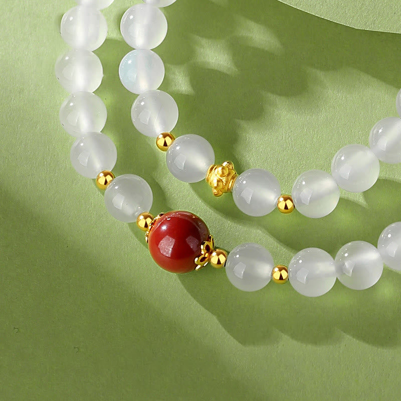 Wear FengShui 925 Sterling Silver Natural White Agate Cinnabar Double Wrap Protection Bracelet