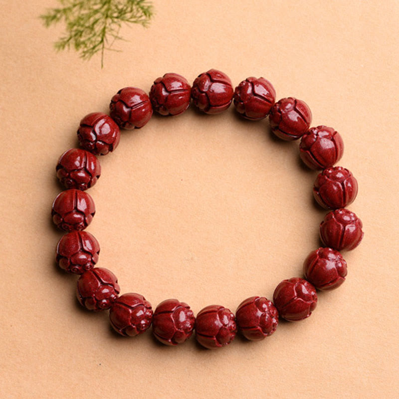 Wear FengShui Natural Cinnabar Om Mani Padme Hum Fret Pattern Lotus Blessing Bracelet