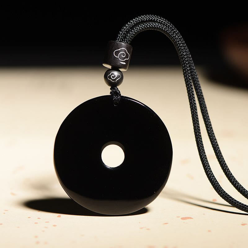 Wear FengShui Chinese Zodiac Natural Black Obsidian Peace Buckle Strength Necklace Pendant