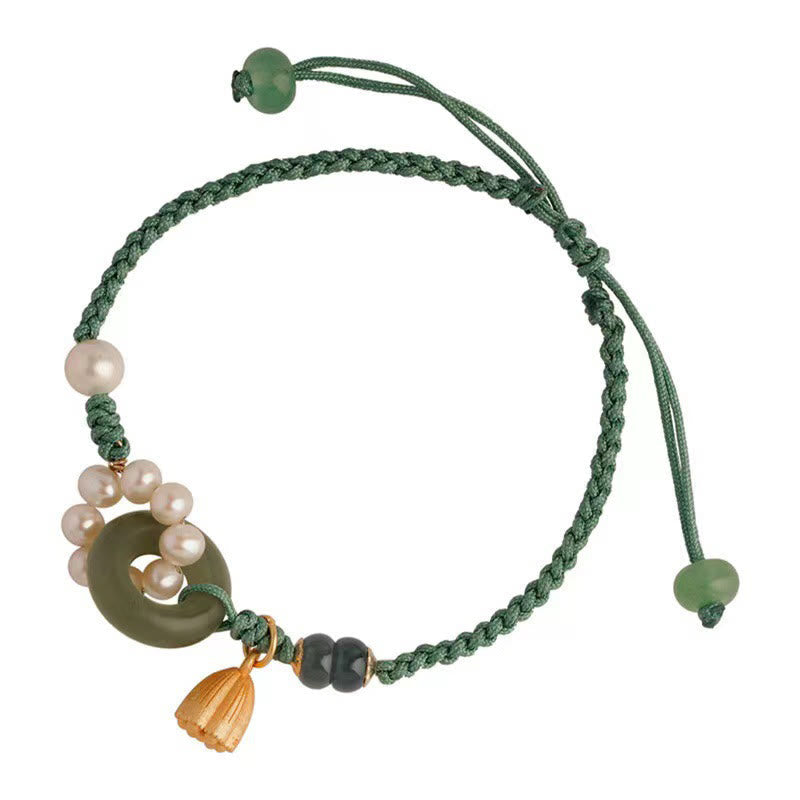 Wear FengShui Natural Hetian Jade Peace Buckle Pearl Luck Handcrafted Braided Bracelet