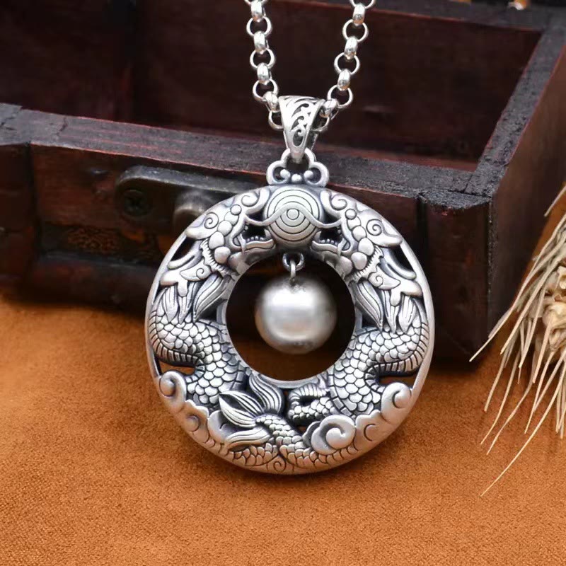 Wear FengShui Double Dragon Playing Bead Copper Protection Necklace Pendant