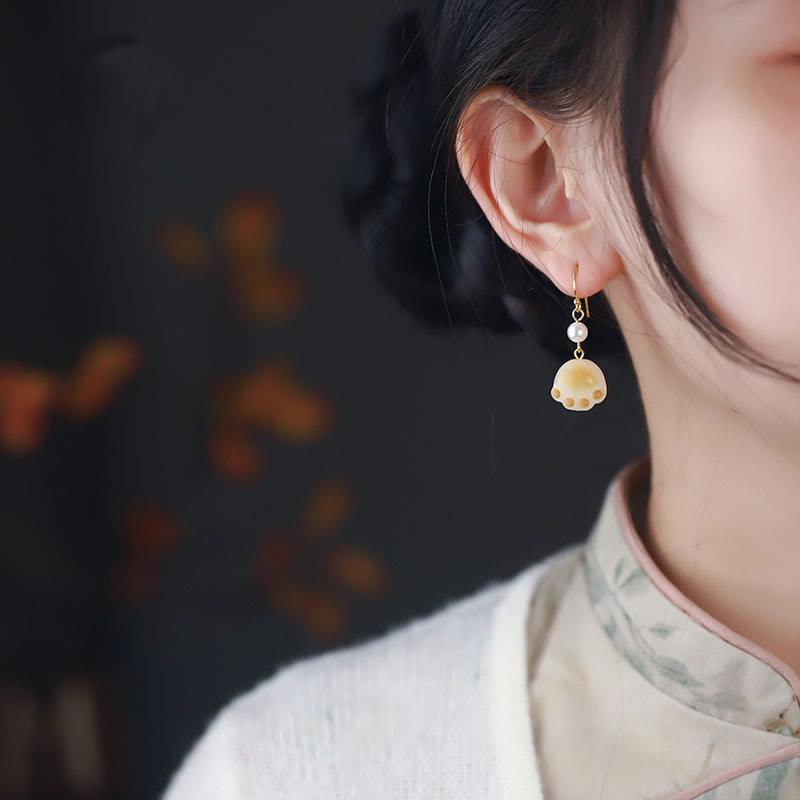 Wear FengShui Bodhi Seed Lovely Cat Paw Claw Peace Dangle Drop Earrings