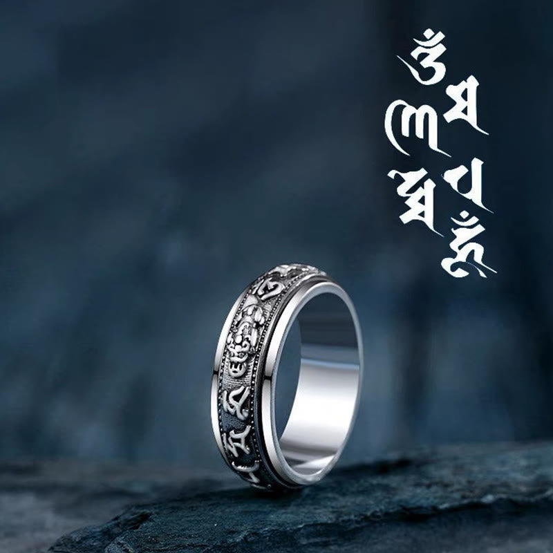 Wear FengShui Tibetan Om Mani Padme Hum PiXiu Engraved Wealth Luck Rotatable Ring