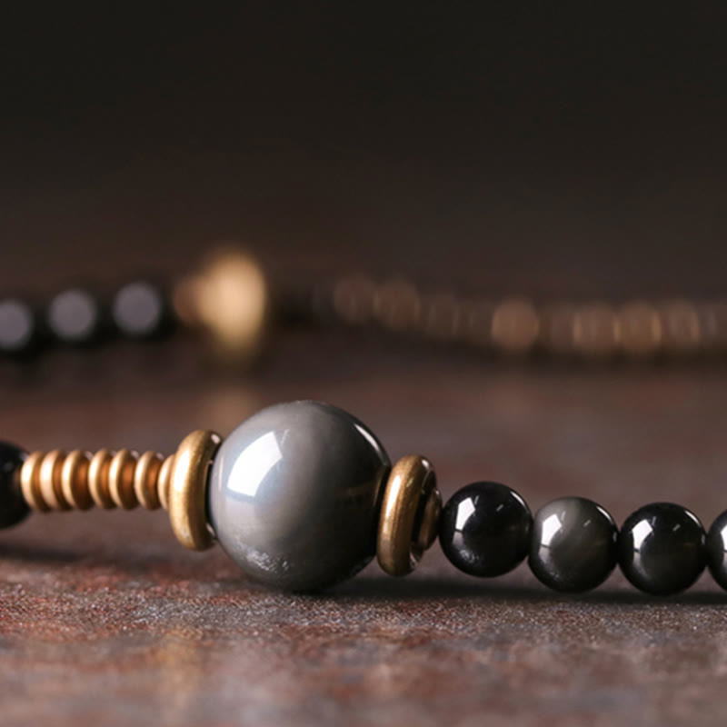 Wear FengShui Rainbow Obsidian Ebony Wood Copper Positive Multilayer Bracelet