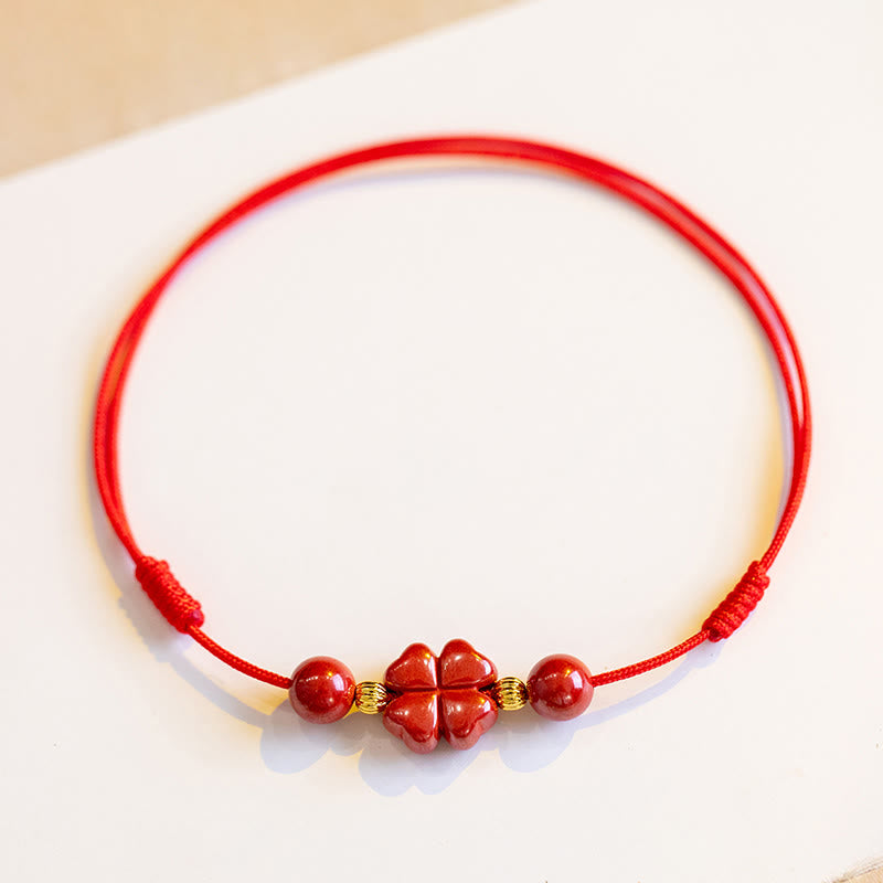 Wear FengShui Four Leaf Clover Cinnabar Blessing Calm String Bracelet Anklet