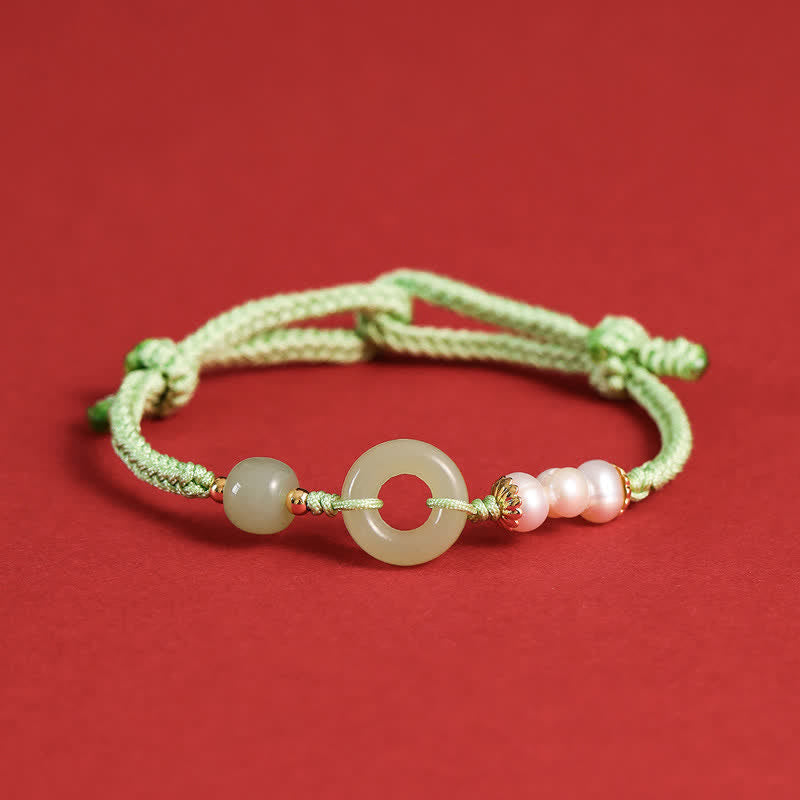 Wear FengShui Natural Hetian Jade Pearl Peace Buckle Luck Bracelet