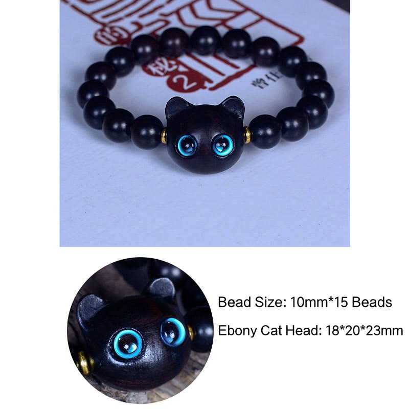 Wear FengShui Ebony Wood Liuli Glass Lovely Cat Peace Balance Bracelet