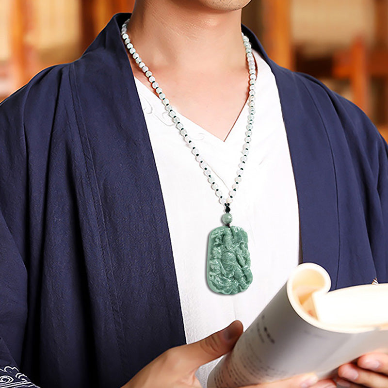Wear FengShui Natural Jade Guan Gong Amulet Wealth Necklace Pendant