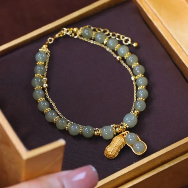 Wear FengShui Jade Leaf Ginkgo Tulip Peanut Fu Character Luck Beaded Bracelet