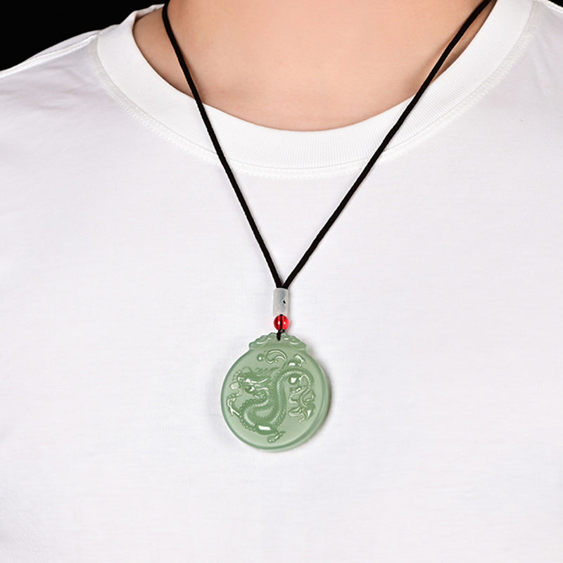 Wear FengShui Chinese Zodiac Dragon Jade Luck Necklace String Pendant