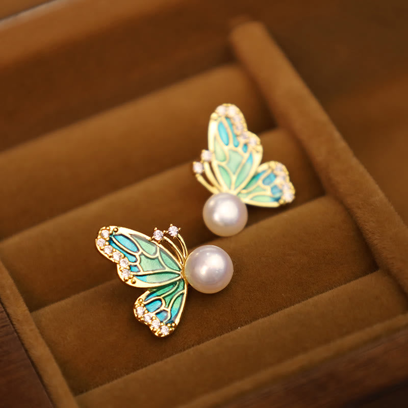 Wear FengShui 925 Sterling Silver Posts 18K Gold Plated Copper Natural Pearl Butterfly Healing Stud Earrings