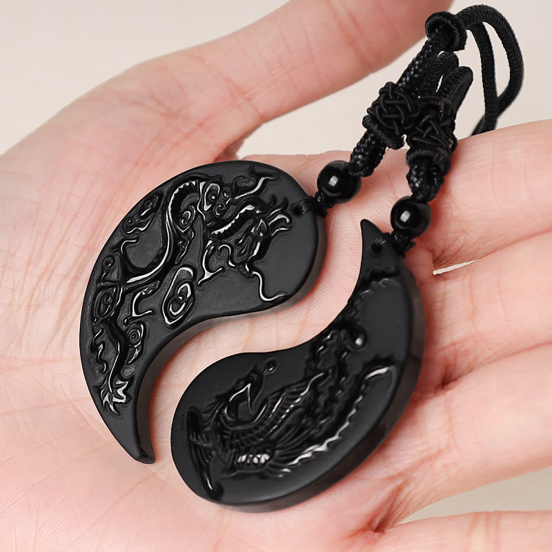 Wear FengShui Black Obsidian Yin Yang Dragon Phoenix Luck Necklace Pendant