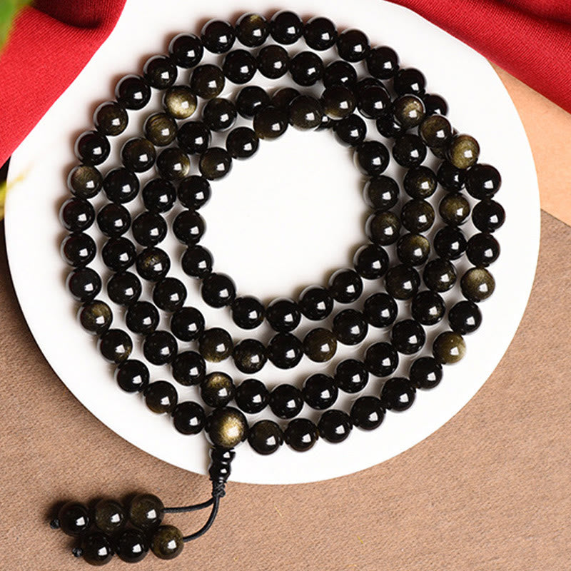Wear FengShui 108 Mala Beads Natural Gold Sheen Obsidian Wealth Bracelet