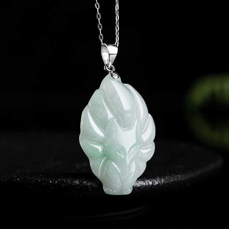 Wear FengShui Natural Jade Nine Tailed Fox Prosperity Titanium Steel Chain Necklace Pendant