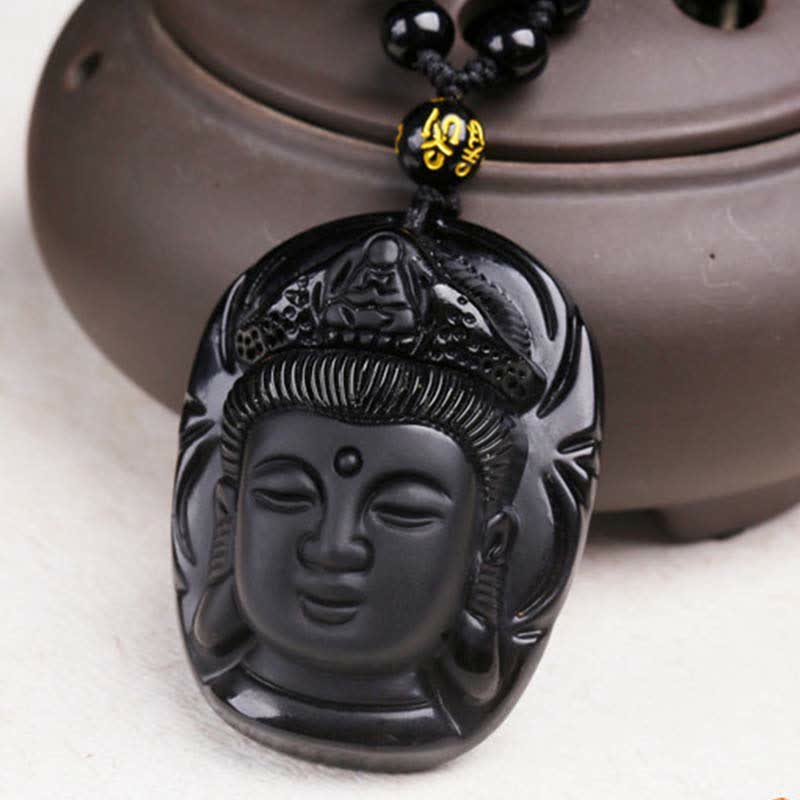 Wear FengShui Natural Black Obsidian Kwan Yin Avalokitesvara Strength String Necklace Pendant