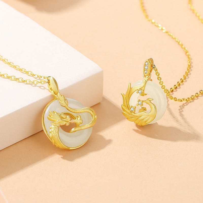Wear FengShui 925 Sterling Silver Year of the Dragon Hetian Jade Golden Dragon Phoenix Peace Buckle Luck Necklace Pendant