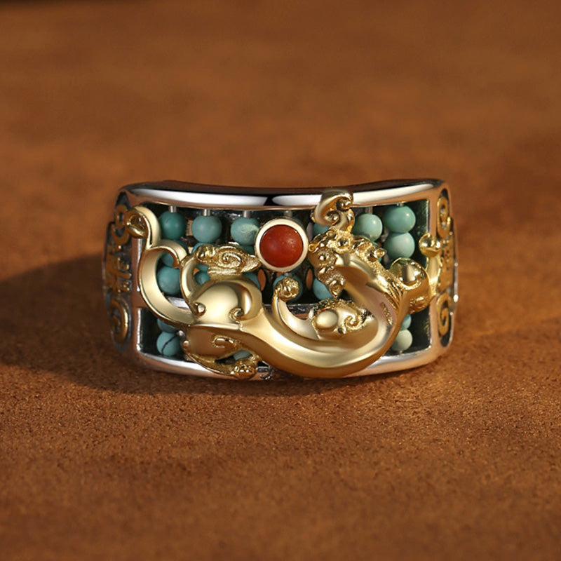 Wear FengShui 925 Sterling Silver Turquoise Red Agate PiXiu Abacus Protection Ring