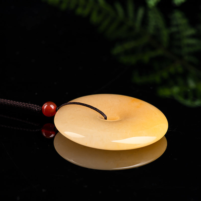 Wear FengShui Round Golden Silk Jade Peace Buckle Wealth Pendant Necklace