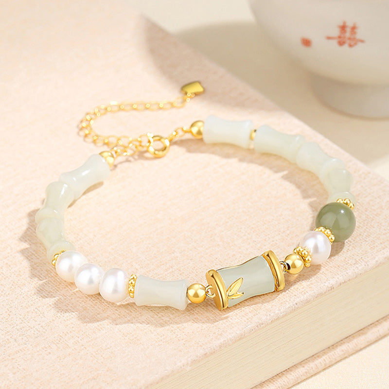 Wear FengShui 925 Sterling Silver Natural Hetian White Jade Bamboo Luck Blessing Bracelet