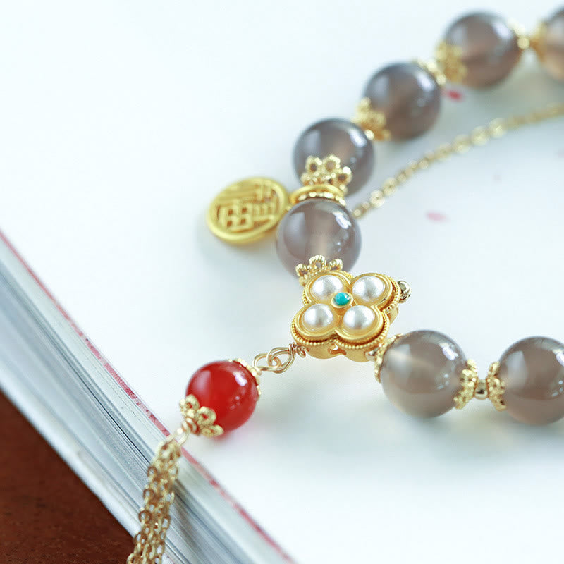 Wear FengShui Natural Gray Agate Fu Character Pearl Tassel Balance Bracelet