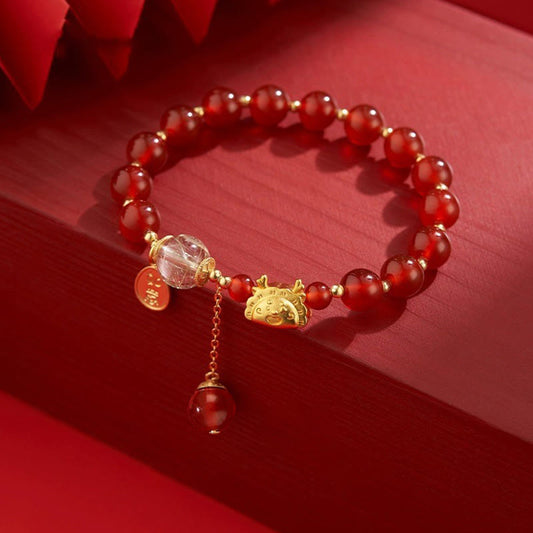 Wear FengShui Year of the Dragon Dumpling Natural Red Agate Garnet Hetian Jade Fu Character Luck Success Bracelet