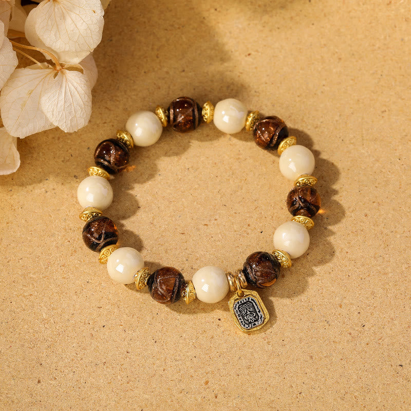 Wear FengShui Tibetan Zakiram Goddess of Wealth Charm Liuli Glass Incense Ash Porcelain Bead Protection Bracelet