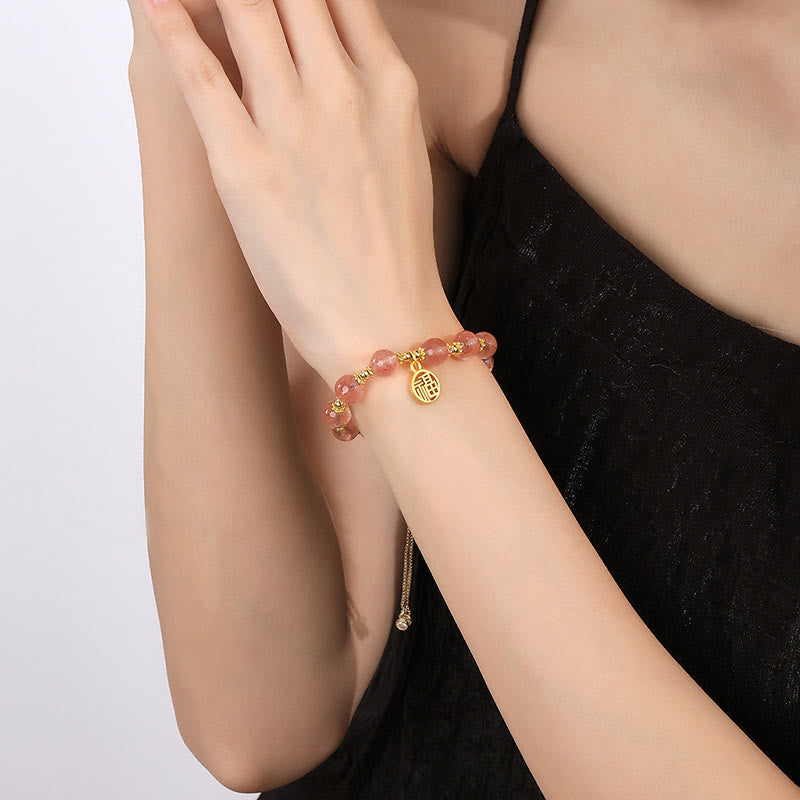 Wear FengShui 14K Gold Plated Natural Strawberry Quartz Fu Character Positive Charm Bracelet