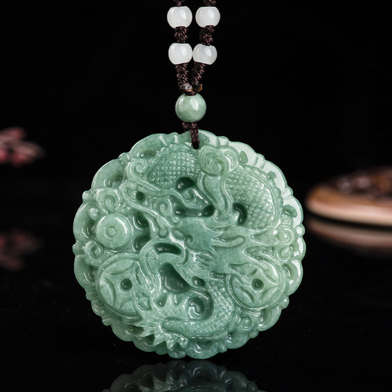 Wear FengShui Chinese Zodiac Dragon Jade Fortune Necklace String Pendant