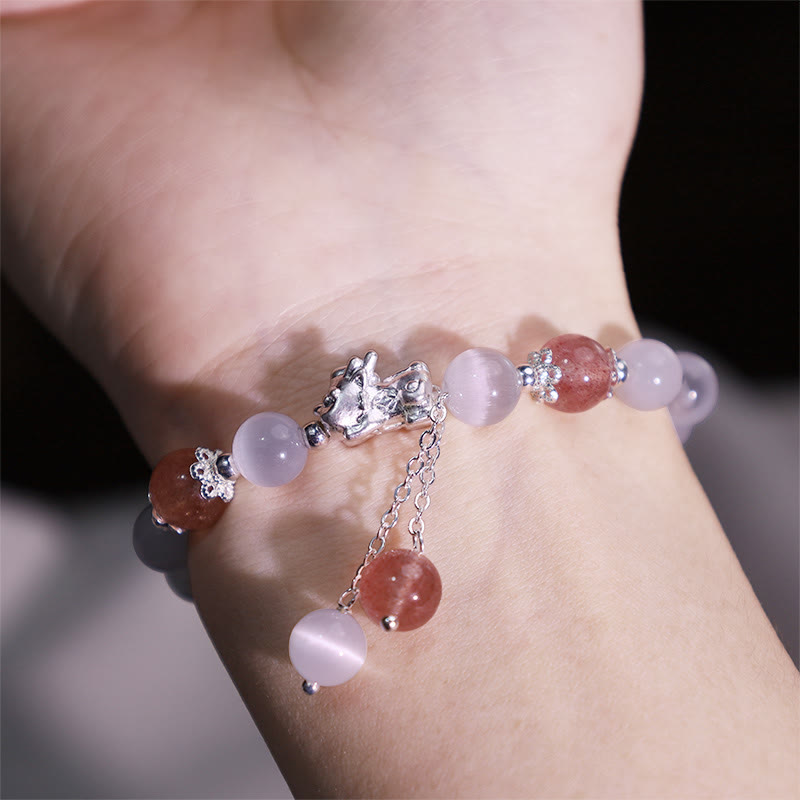 Wear FengShui Natural Cat's Eye Moonstone Strawberry Quartz PiXiu Support Bracelet