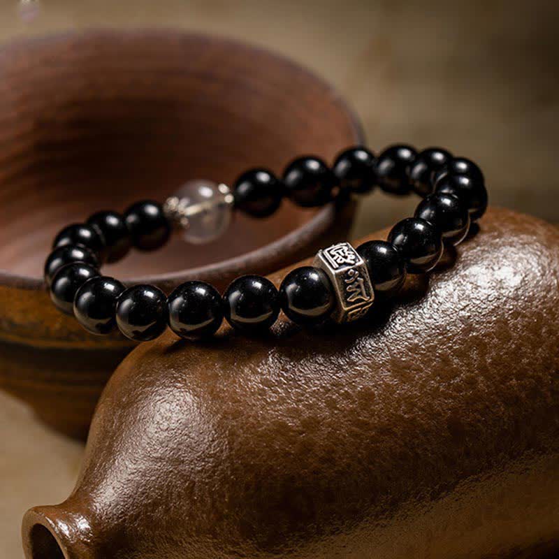 Wear FengShui Chinese Zodiac Natal Buddha 925 Sterling Silver Black Obsidian Moonstone Strength Bracelet