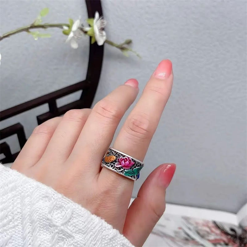 Wear FengShui Copper Blue Enamel Lotus Heart Sutra Koi Fish Luck Ring