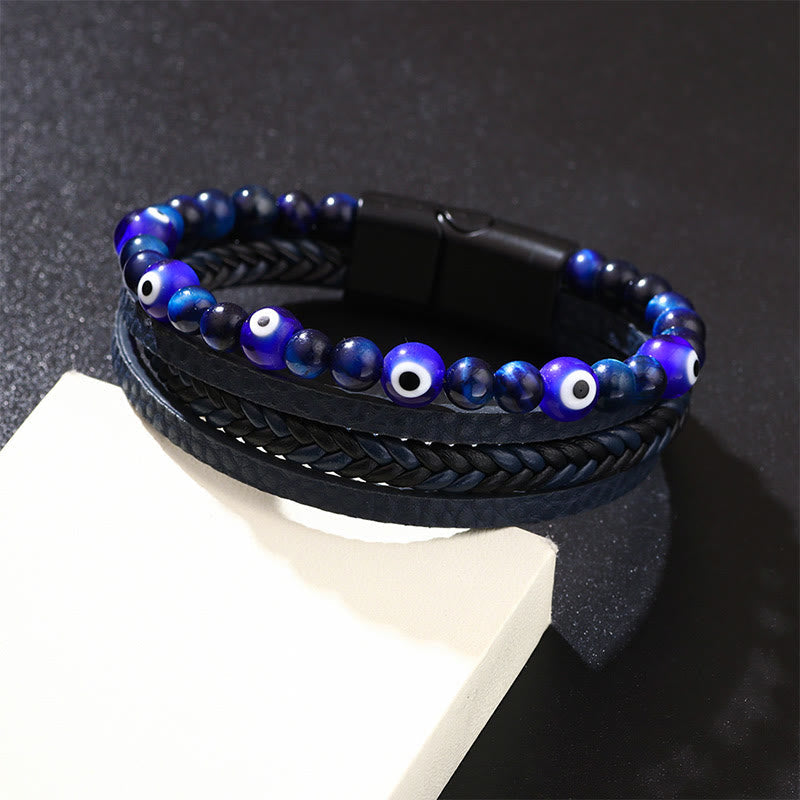 Wear FengShui Evil Eye Tiger Eye Protection Beaded Multilayered Braided Bracelet