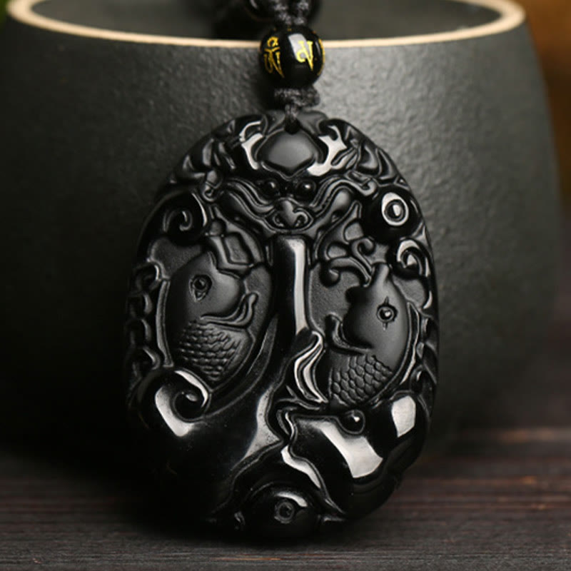 Wear FengShui Black Obsidian Koi Fish Bead Rope Fulfilment Strength Necklace Pendant