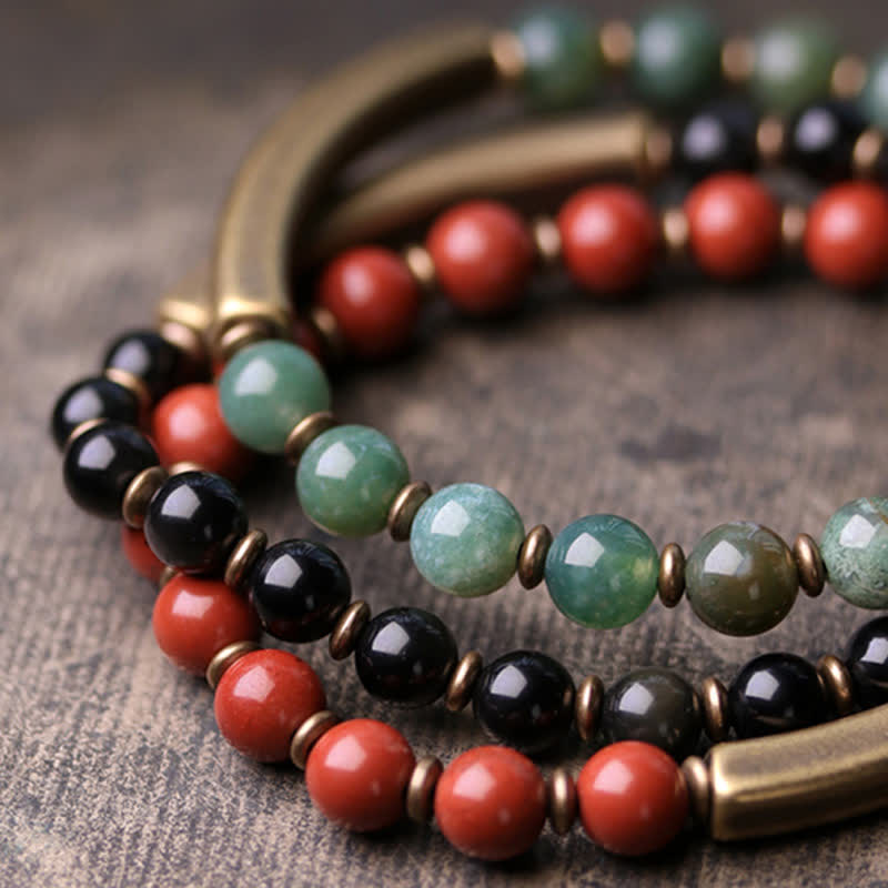 Wear FengShui Red Jasper Moss Agate Black Obsidian Crystal Copper Peace Couple Bracelet