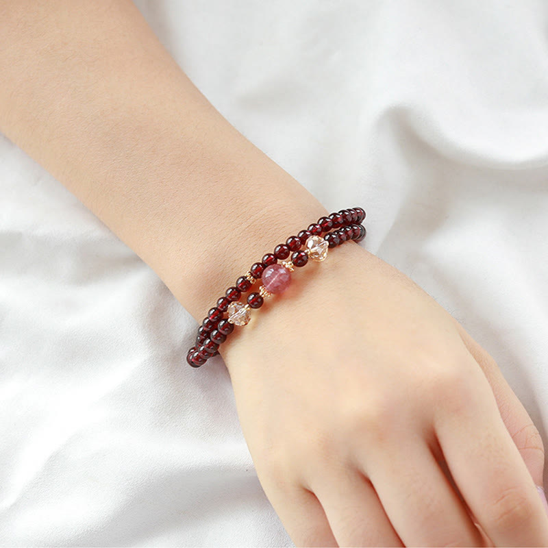 Wear FengShui 14K Gold Plated Natural Garnet Strawberry Quartz Stability Double Wrap Bracelet