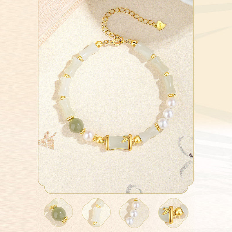 Wear FengShui 925 Sterling Silver Natural Hetian White Jade Bamboo Luck Blessing Bracelet