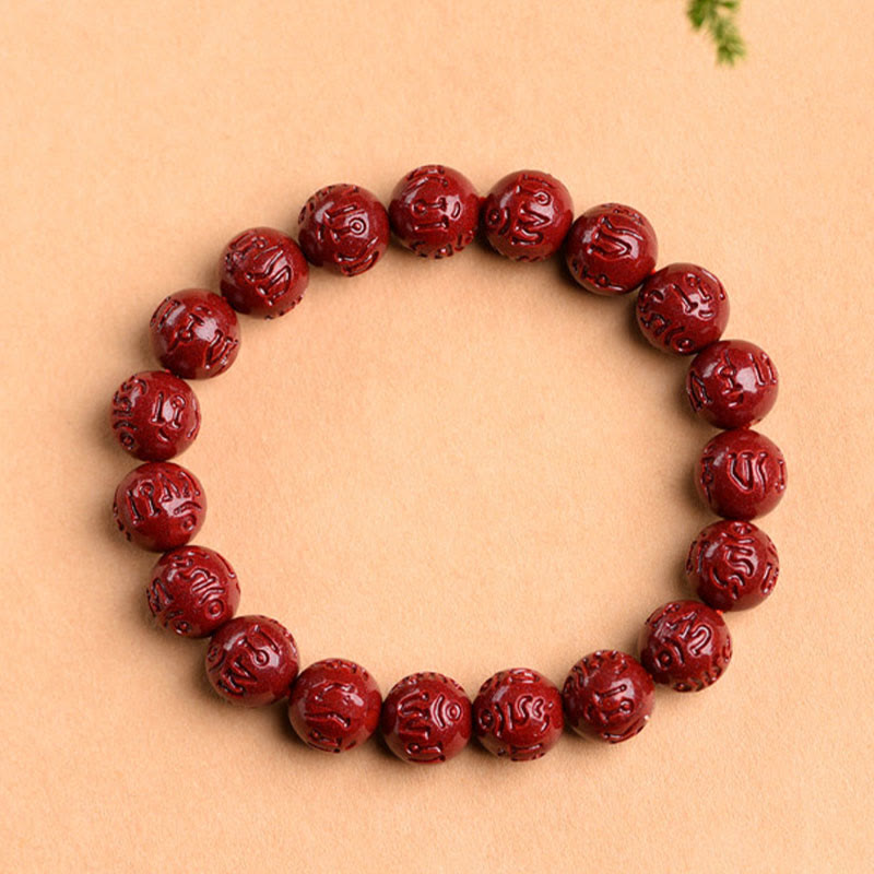 Wear FengShui Natural Cinnabar Om Mani Padme Hum Fret Pattern Lotus Blessing Bracelet