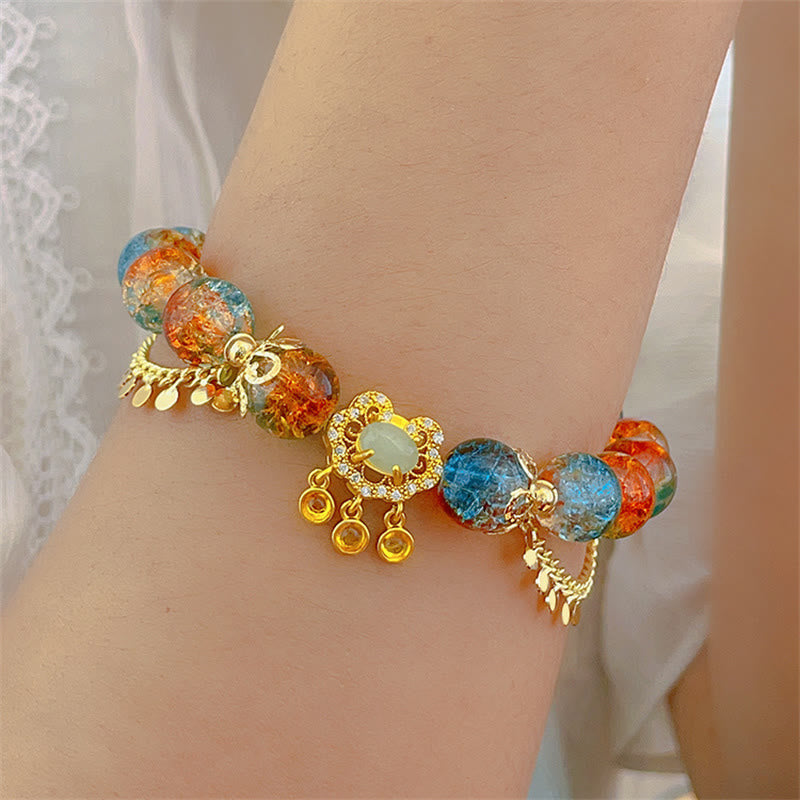 Wear FengShui Colorful Liuli Glass Bead Chinese Lock Charm Fortune Bracelet