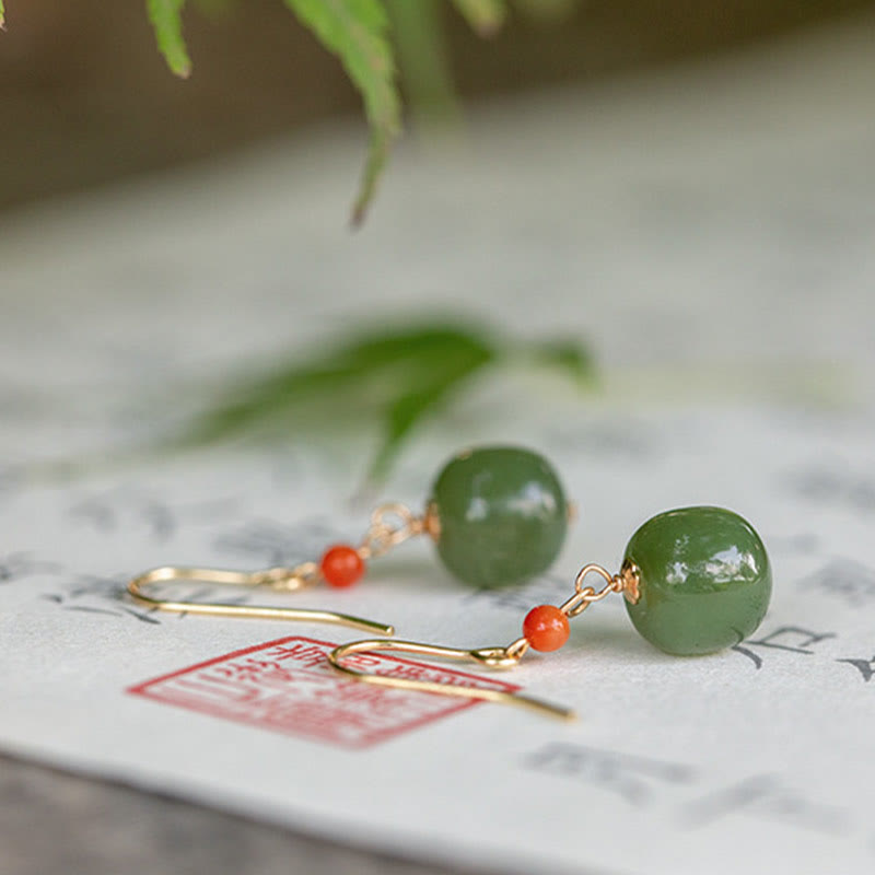 Wear FengShui 925 Sterling Silver Plated 14k Gold Hetian Jade Red Agate Luck Drop Dangle Earrings