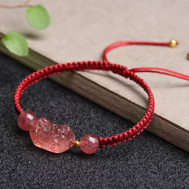 Wear FengShui Natural Strawberry Quartz PiXiu Lucky Red String Bracelet
