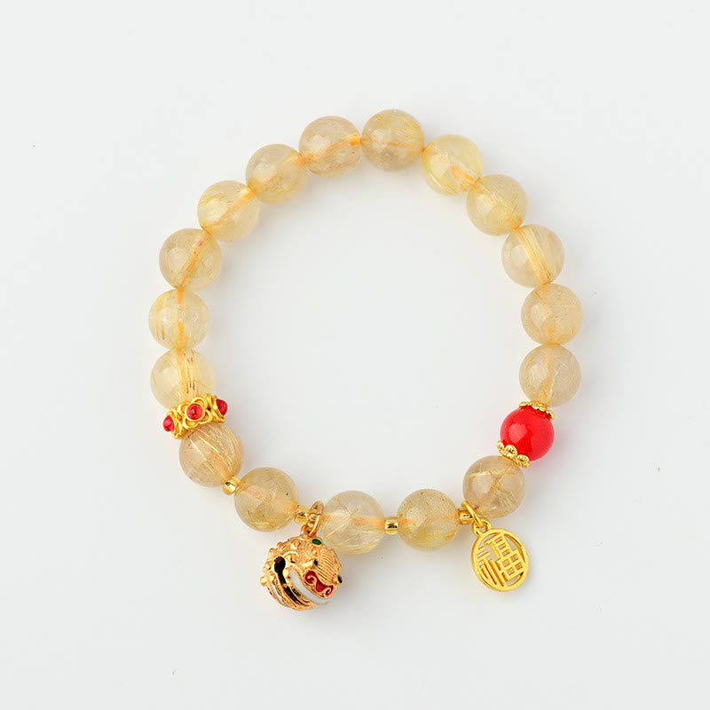 Wear FengShui Natural Golden Rutilated Quartz Fu Character Charm Bell Wealth Bracelet