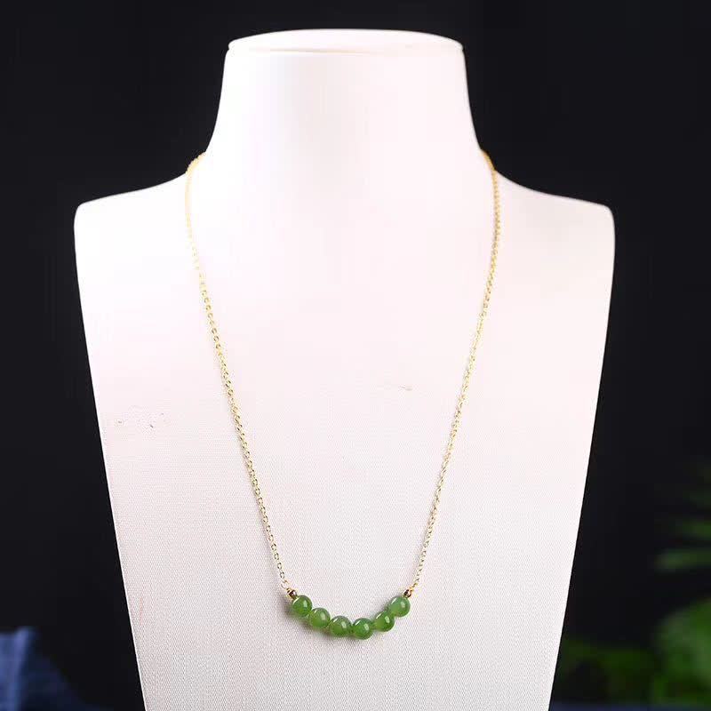 Wear FengShui 14k Gold Plated Hetian Cyan Jade Beaded Luck Necklace Pendant